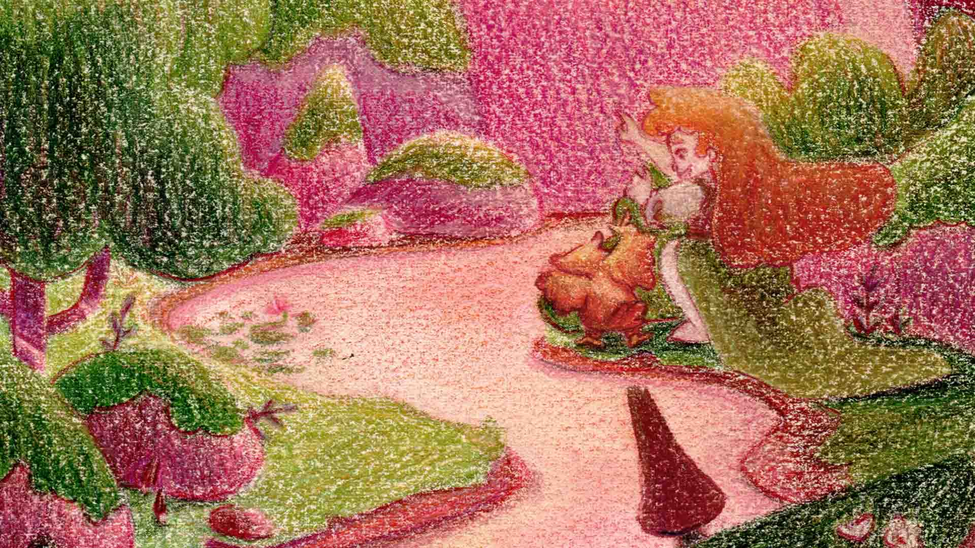 Projet d'illustration pour un livre jeunesse. Une petite chouette, Célestine, vient se poser sur la main d'une jeune fille, Pernelle, en plein milieu d'une forêt. Une biche et des lapins curieux viennent assister à la scène.