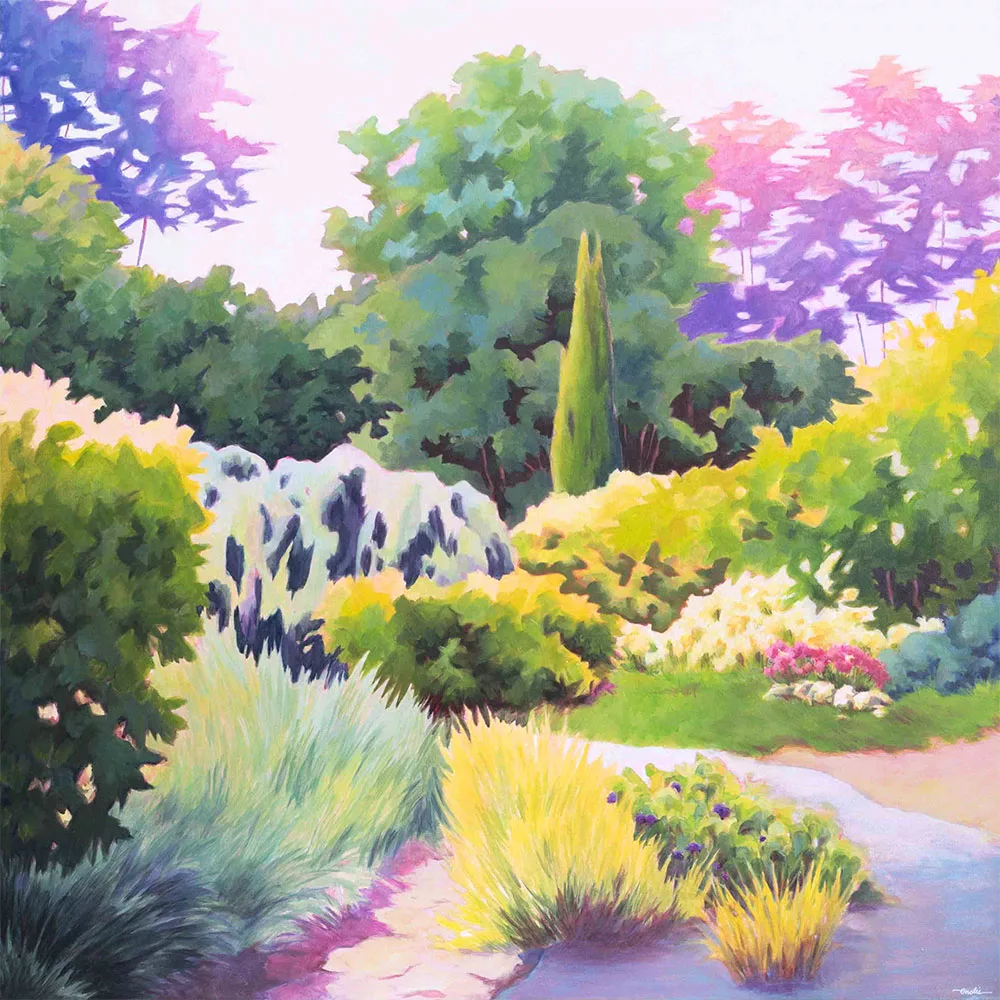 Tableau 80x80cm peint à l'acrylique sur châssis entoilé par Enolie. Une vue du Parc de la Tête d'Or à Lyon, où arbres, feuillages et fleurs se côtoient dans un balai coloré. 80x80cm acrylic painting on canvas by Enolie. A view of the Parc de la Tête d'Or in Lyon, France, where trees, foliage and flowers come together in a colourful display.