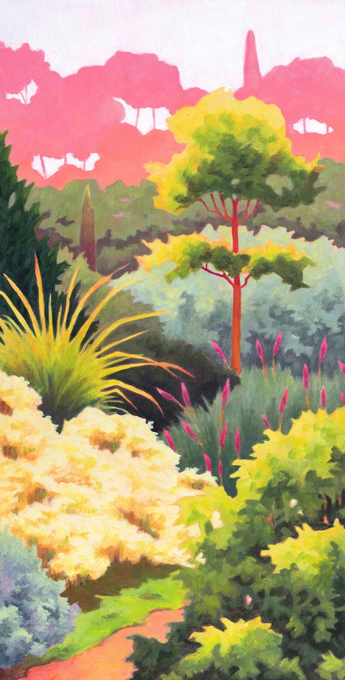 Tableau 40x80cm peint à l'acrylique sur châssis entoilé par Enolie. Un jardin paisible aux couleurs presque irréelles, tout droit sorti de l'imagination de l'artiste. Une douce parenthèse, un rêve éveillé où le temps semble s'être suspendu. 40x80cm acrylic painting on canvas by Enolie. A peaceful garden in almost unreal colours, straight out of the artist's imagination. A gentle interlude, a waking dream where time seems to stand still.