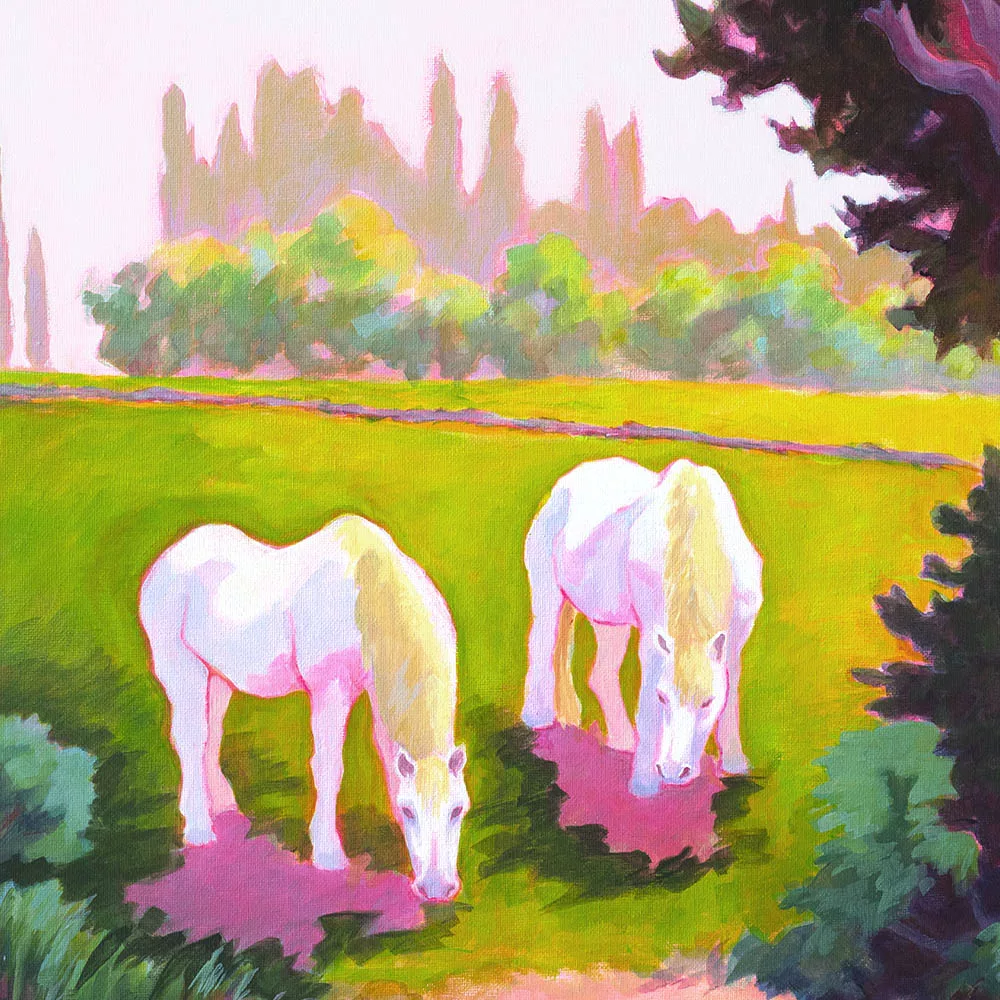 Tableau 50x40cm peint à l'acrylique sur châssis entoilé par Enolie. Deux chevaux au premier plan déjeune au milieu d'un pré. Les couleurs sont vibrantes et osées. Les chevaux sont d'un blanc éclatant, leurs ombres d'un rose vif et le reste de l'œuvre arbore des tonalités de vert et de jaune flamboyantes. 50x40cm acrylic painting on canvas by Enolie. Two horses in the foreground are grazing in the middle of a meadow. The colors are vibrant and bold. The horses are bright white, their shadows are vivid pink, and the rest of the painting features flamboyant shades of green and yellow.